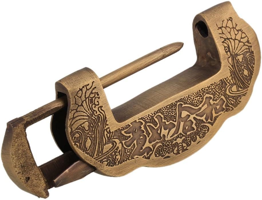 Chinese Old Style Brass Carved Horizontal Padlock Lock for Jewelry Box