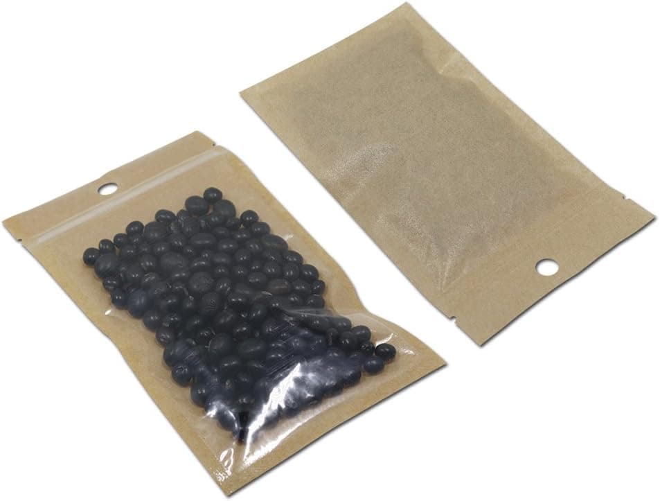 100Pcs Clear Brown Kraft Paper Plastic for Zip Reclosable Bag Lock Flat Heat Sealable Smell Proof Packaging Bags Zipper Lock Coffee Plastic Bags (12x20cm (4.7x7.8 inch))
