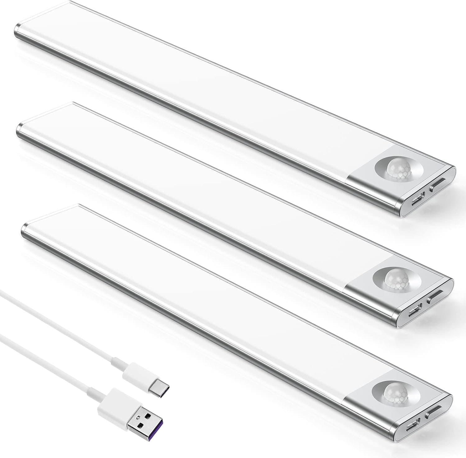 KIRAZI Under Cabinet Lights,40 LED Motion Sensor Lights Wireless Closet Lighting,USB Rechargeable Ultra Thin Magnetic Night Light for Kitchen,Cabinet,Hallway,Pantry,Stairs (3 Pack)