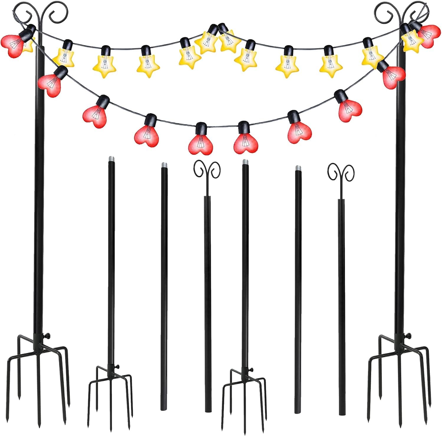 VASALAID Outside String Light Poles, 10ft Sturdy 4 Prong Fork Stainless Steel Pole Post Stand for Hanging String Lights + Used for Patio, Yard, Garden, Party or Wedding (2 Pack,Black)