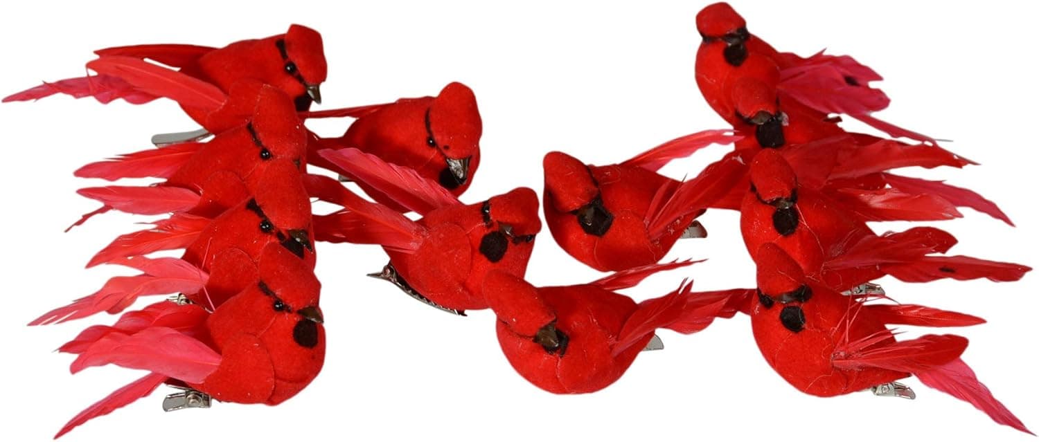TenWaterloo Mini Cardinal Set of 12 Mini Red Cardinal Birds with Clips - Red Cardinal Bird Christmas Ornaments 2.25 Inches x 1.25 inches