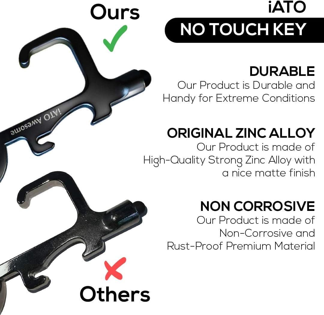 iATO Contactless Door Opener Keychain Tool w Soft Silicone Stylus Tip & Bottle Opener, Go Touch Free at Public Places with Small & Handy Zinc Alloy No Touch Key Tool {Black & Rose Gold} - 2 Pcs