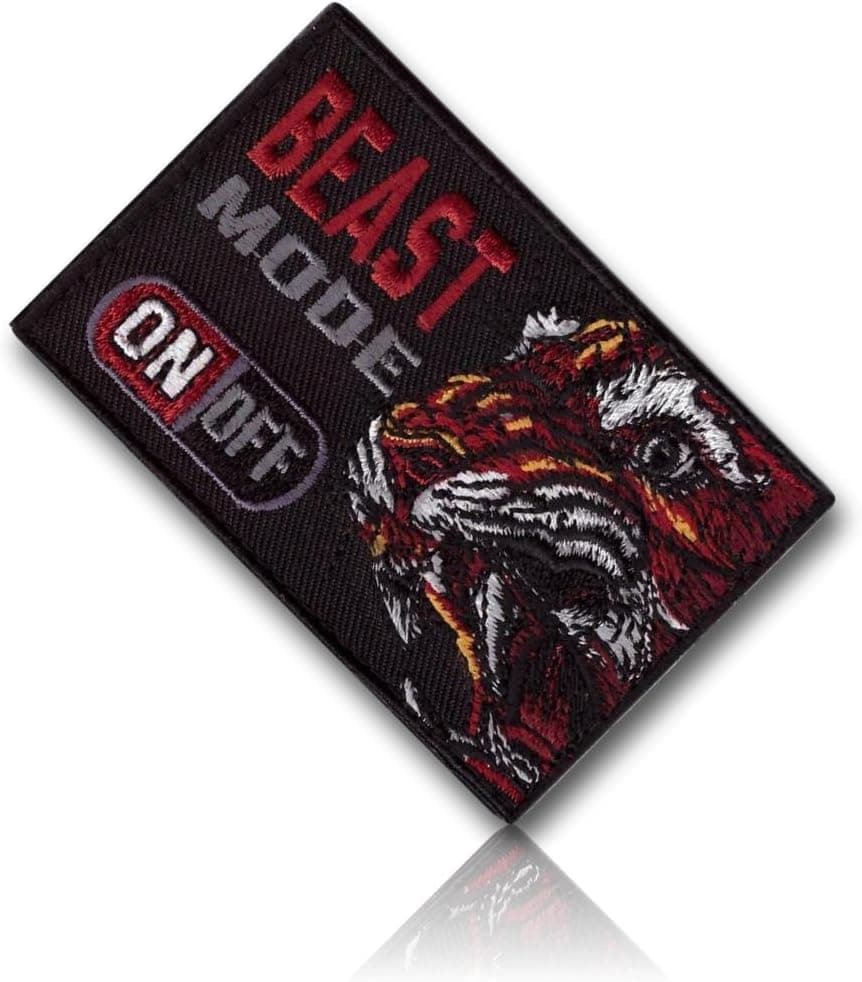 [Single Count] Custom and Unique (3" x 2" Inch) Rectangle Shaped "Beast Mode On Off" Roaring Bengal Tiger Animal Creature Cat Morale Embroidered Iron On Patch {Red, Orange, Black, & White} {LICENSED}