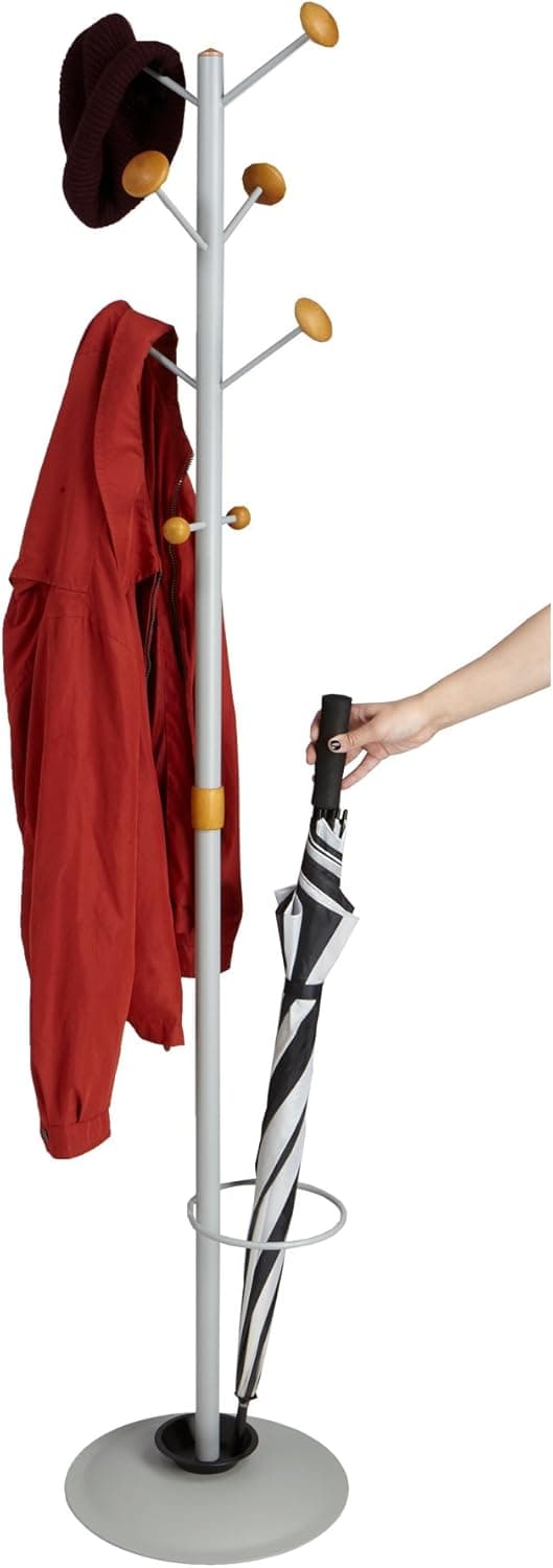 Mind Reader Standing Coat Rack Hat Hanger Holder Hooks for Jackets and Purses Umbrella Stand with Metal Base - CAPCR-SIL