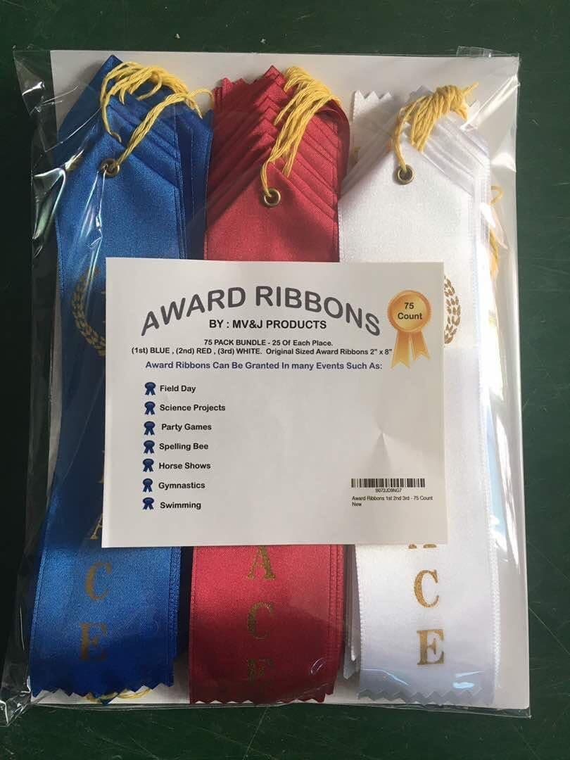 75 Pc Bundle Award Ribbons 1st 2nd 3rd - 75 Count Bundle Pack, 25 Ribbons Of Each Place, 25 Blue, 25 Red, 25 White.