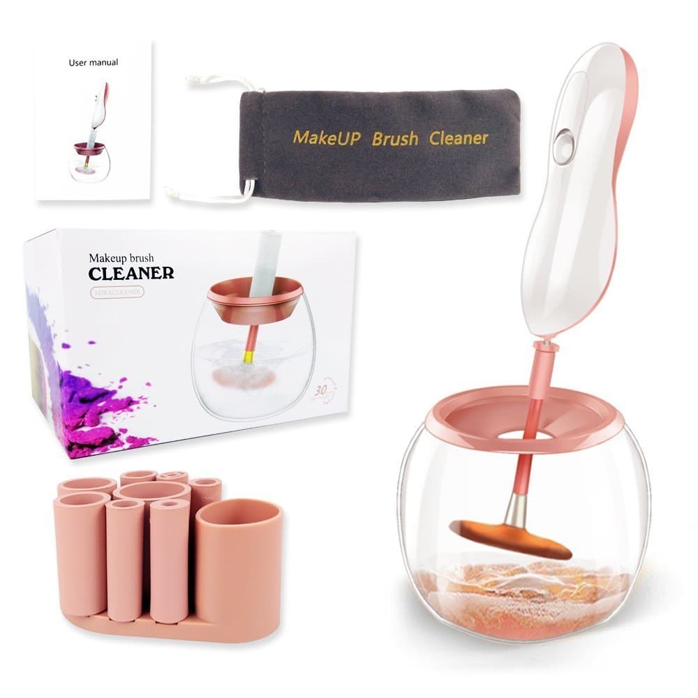 Cleno House Makeup Brush Cleaner, Electronic Automatic Brushes Cleaner Instantly Wash and Dry All Your Cosmetic Brushes in Seconds with 8 Rubber Collars - Pink