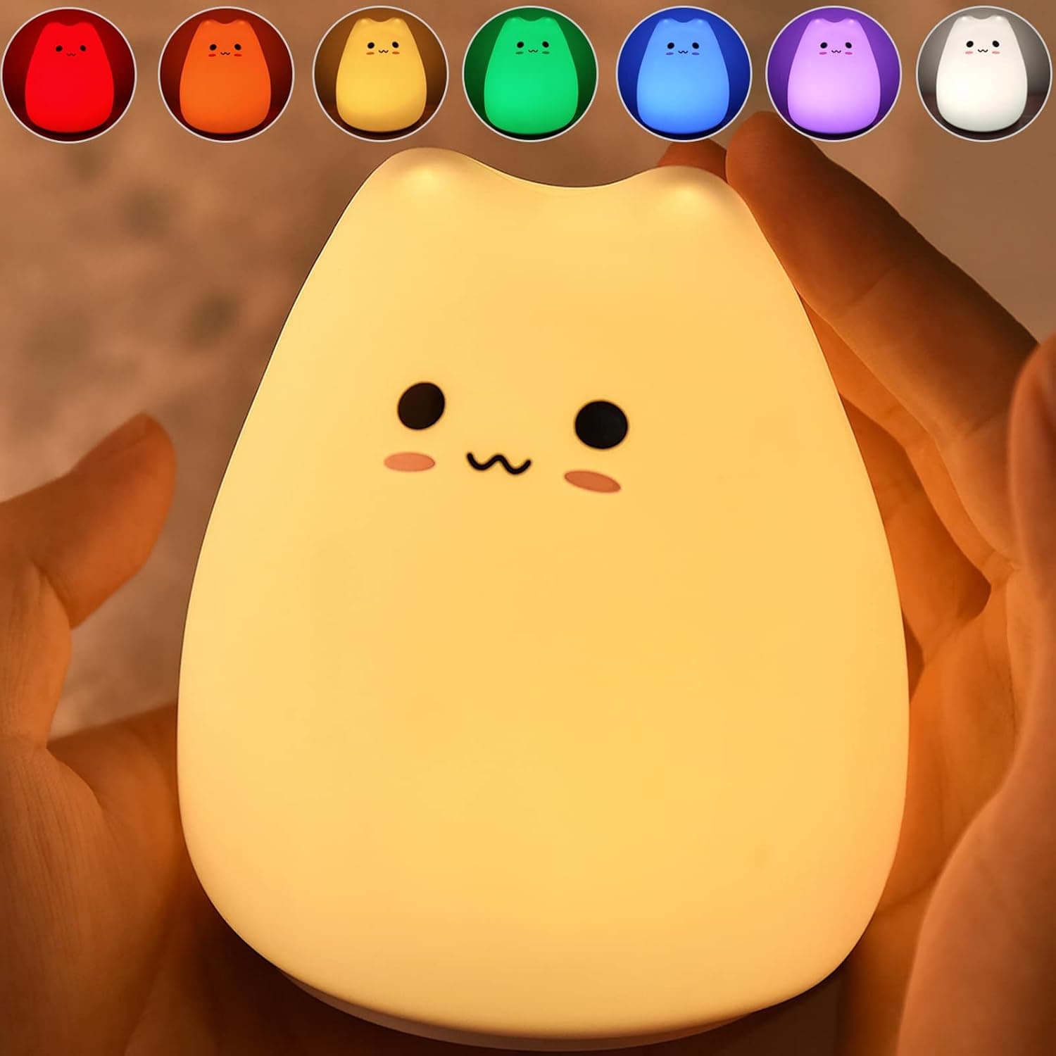 LED Night Light for Kids, Battery Powered Silicone Cat Night Light Cat Lamp, Multicolor Cute Nursery Night Lights with Warm White and 7 Color Breathing Modes for Kids, Baby, Children (Cute Cat)