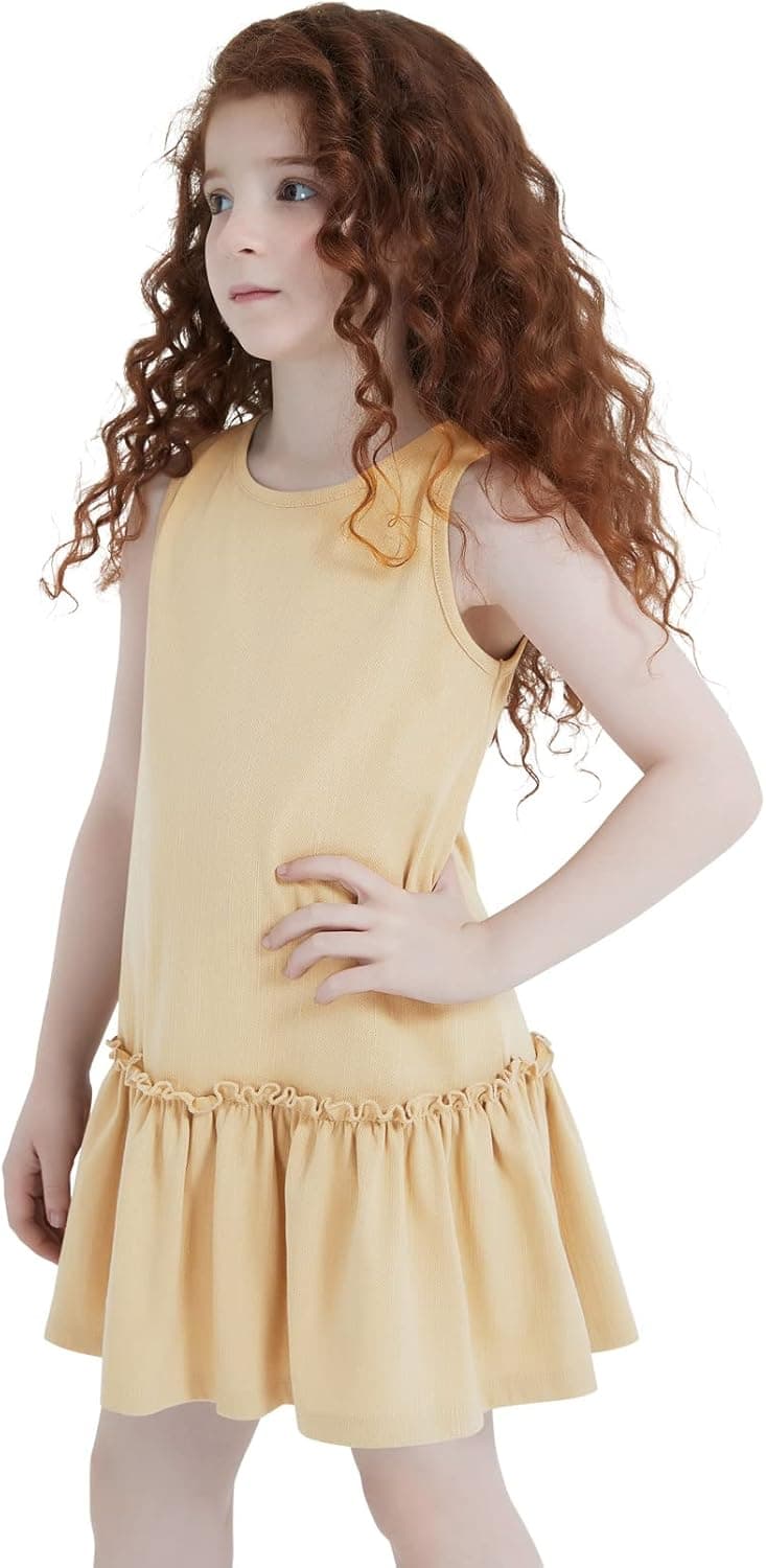 Perfashion Girls Denim Dress Classic Jean Button Down Dresses for 6-15 Years Flutter Ruffle Long Sleeve/Sleeveless
