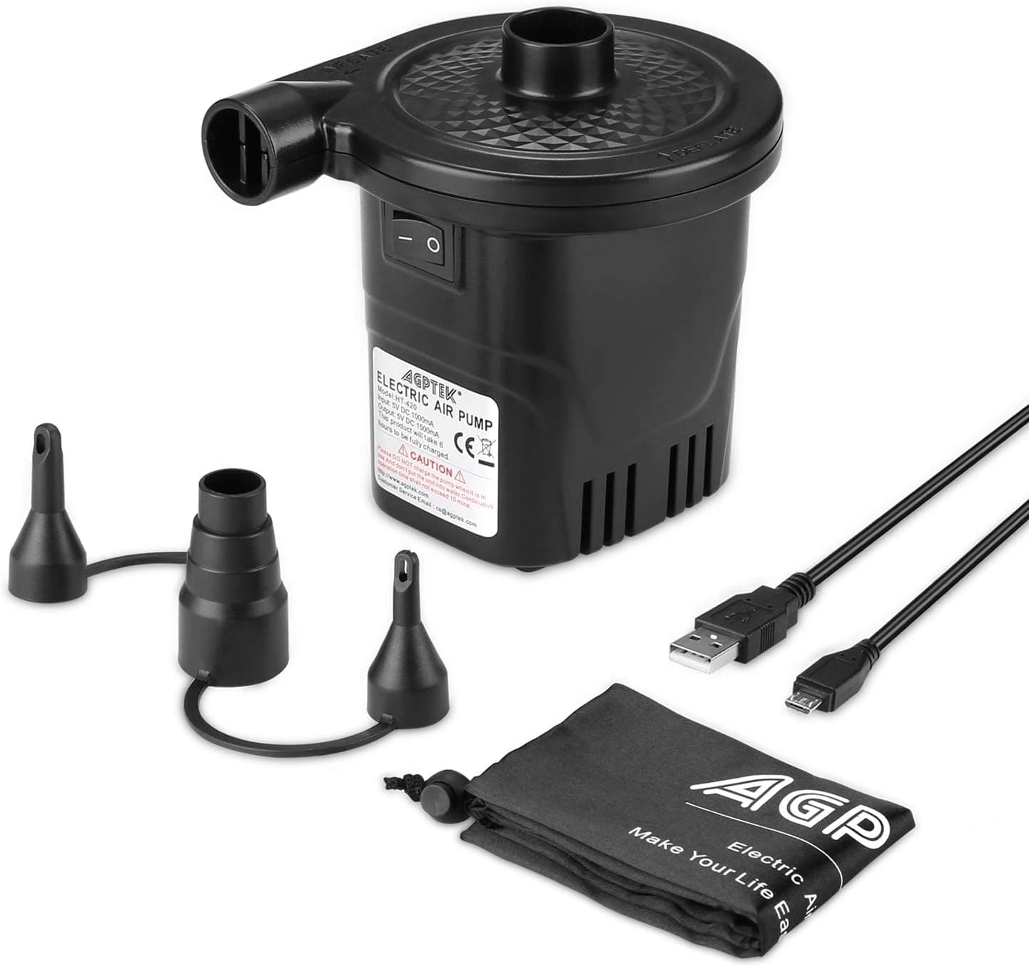 AGPTEK Wireless Electric Air Pump, Portable Rechargeable Air Pump with 3 Nozzles, USB Charging Cable, Quick-Fill Air Inflator & Deflator for Air Mattress Beds, Boats, Swimming Rings