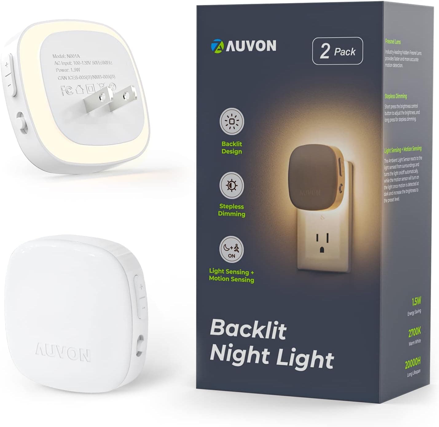 AUVON Plug-in LED Backlit Night Light with Motion Sensor & Dusk to Dawn Sensor, Dimmable Warm White Nightlight with 1-50 lm Adjustable Brightness for Bathroom, Hallway, Stairs, Bedroom (2-Pack)