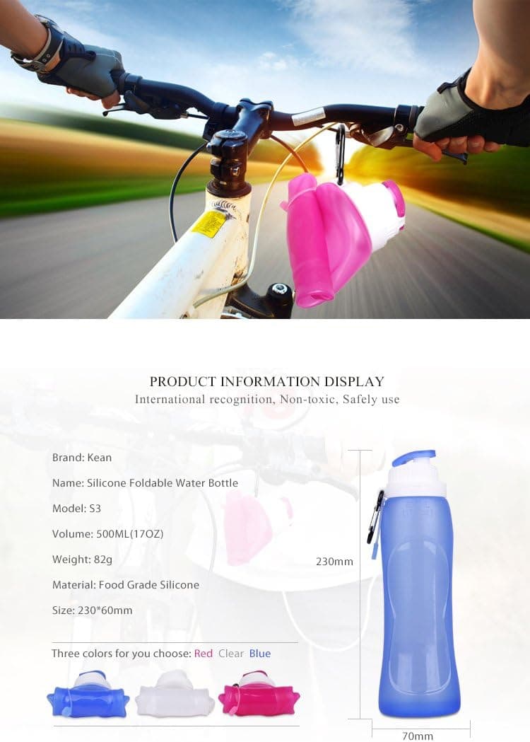 Collapsible Water Bottle Silicone, Foldable Leakproof Nontoxic 17oz, Travel Outdoor Sports Drinking Bottle for Hiking Camping Cycling Climbing Picnic Running Skiing Gym with Safety Whistle (Blue)