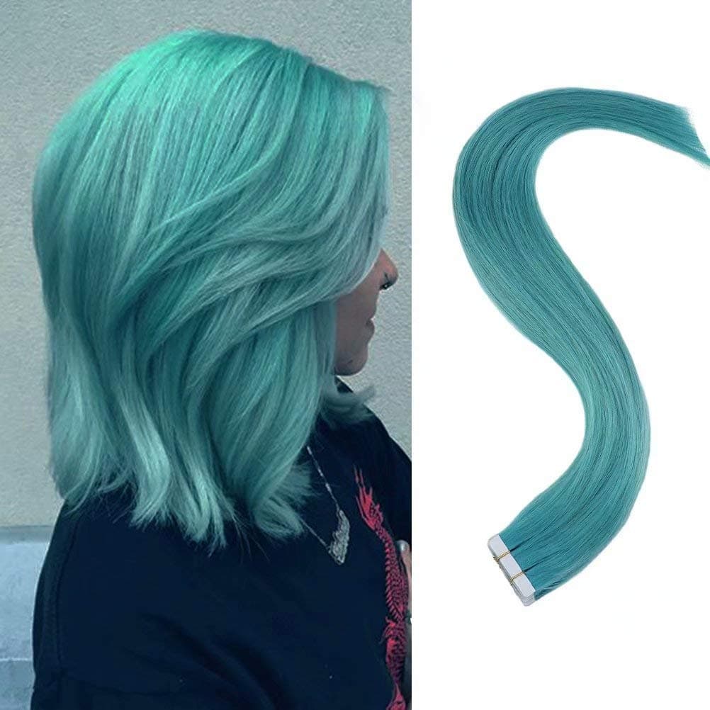 Tape in Hair Extension Real Human Hair (Color Teal, 18 Inches, 10pcs, 25g) Highlights Adhesive Tape on Hair