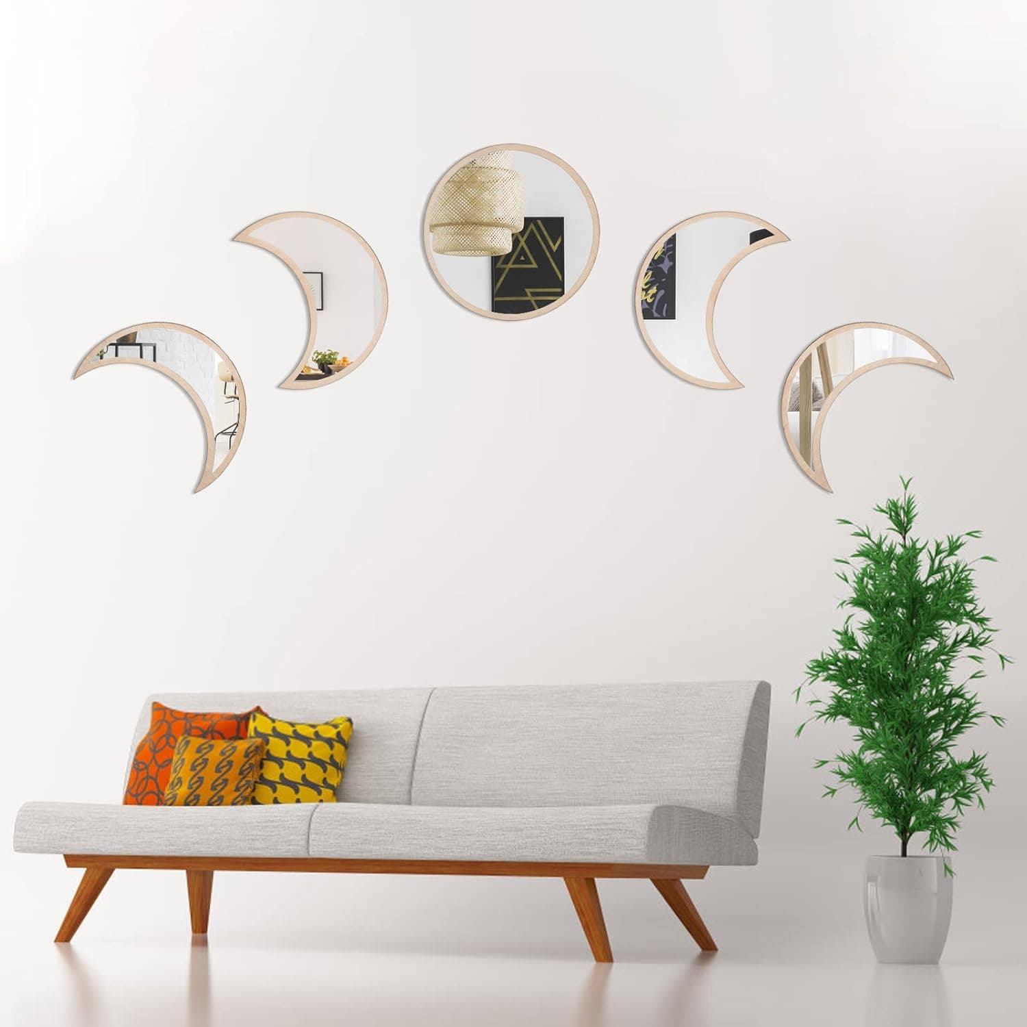 VASUHOME 5-Piece Glass Moon Phase Mirror Set - Scandinavian Natural Decor, Minimalistic Bohemian Wall Decoration for Home, Living Room, Bedroom - Beige