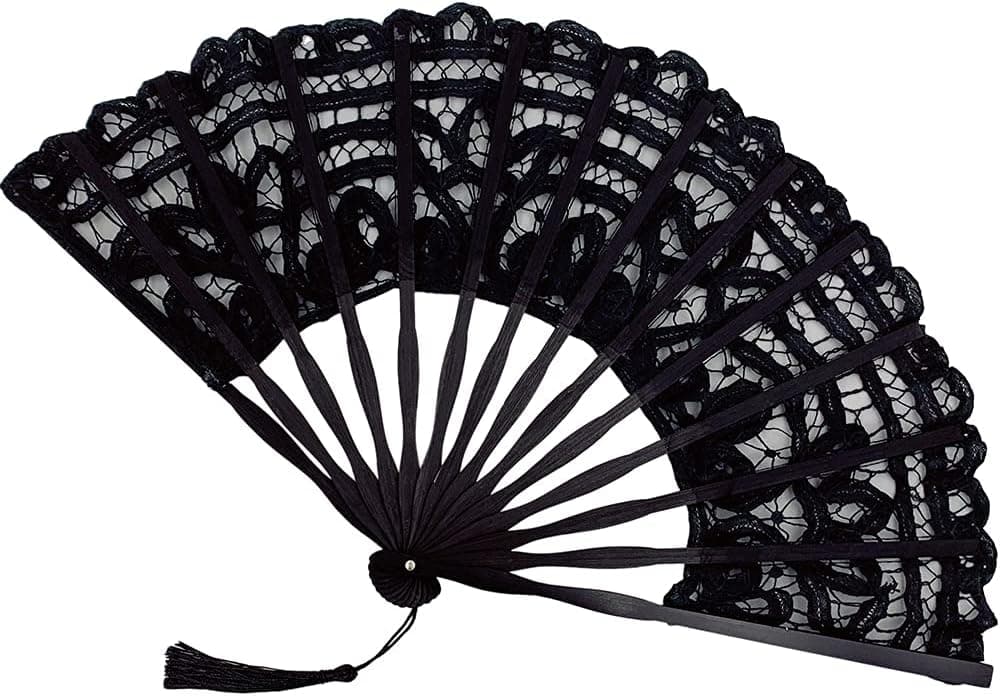 Propupy Folding Hand Fan Womens Lace Fan Elegant Cotton Fan Handmade Vintage Retro Fan with Bamboo Staves and Silk Tassels for Wedding Bridal Shower Dancing Party (Black)