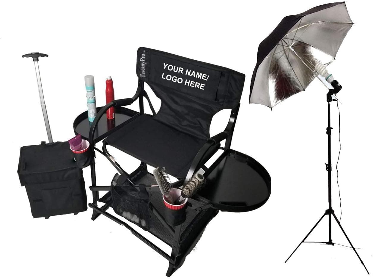 Tuscany Pro Portable Makeup Artist Chair with Storage Cart & Umbrella Light Set - Perfect for Makeup, Salons, Movie Sets - Adjustable Seat Height
