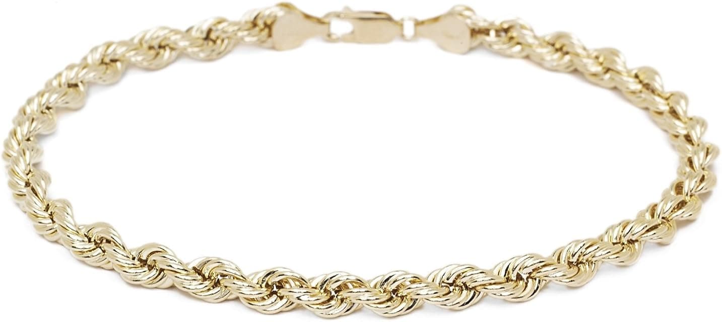 Floreo 10k Yellow Gold 4mm Hollow Rope Chain Bracelet and Anklet