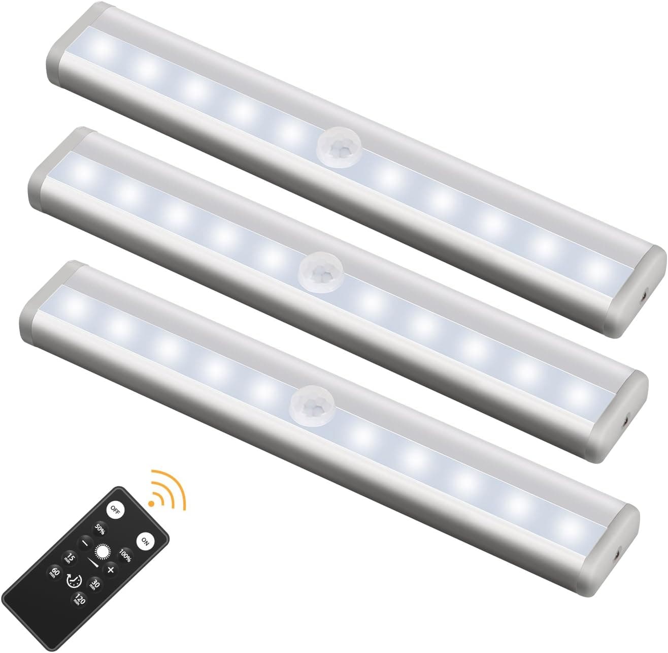 GOSTAR Under Cabinet Lighting, 10leds Dimmable Remote Control Night Light, Operates on 4 AAA Batteries(Not in Included) Magnetic Tape Lights for Closet Cabinet, 3 Pack (Nature White(6000K))