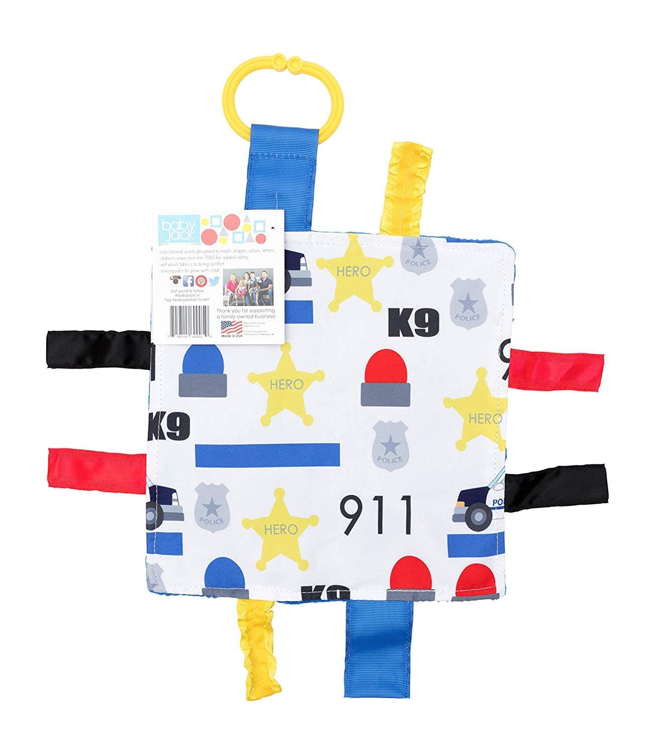 Baby Sensory Crinkle & Teething Square Lovey Toy with Closed Ribbon Tags for Increased Stimulation: 8"X8" (Police)