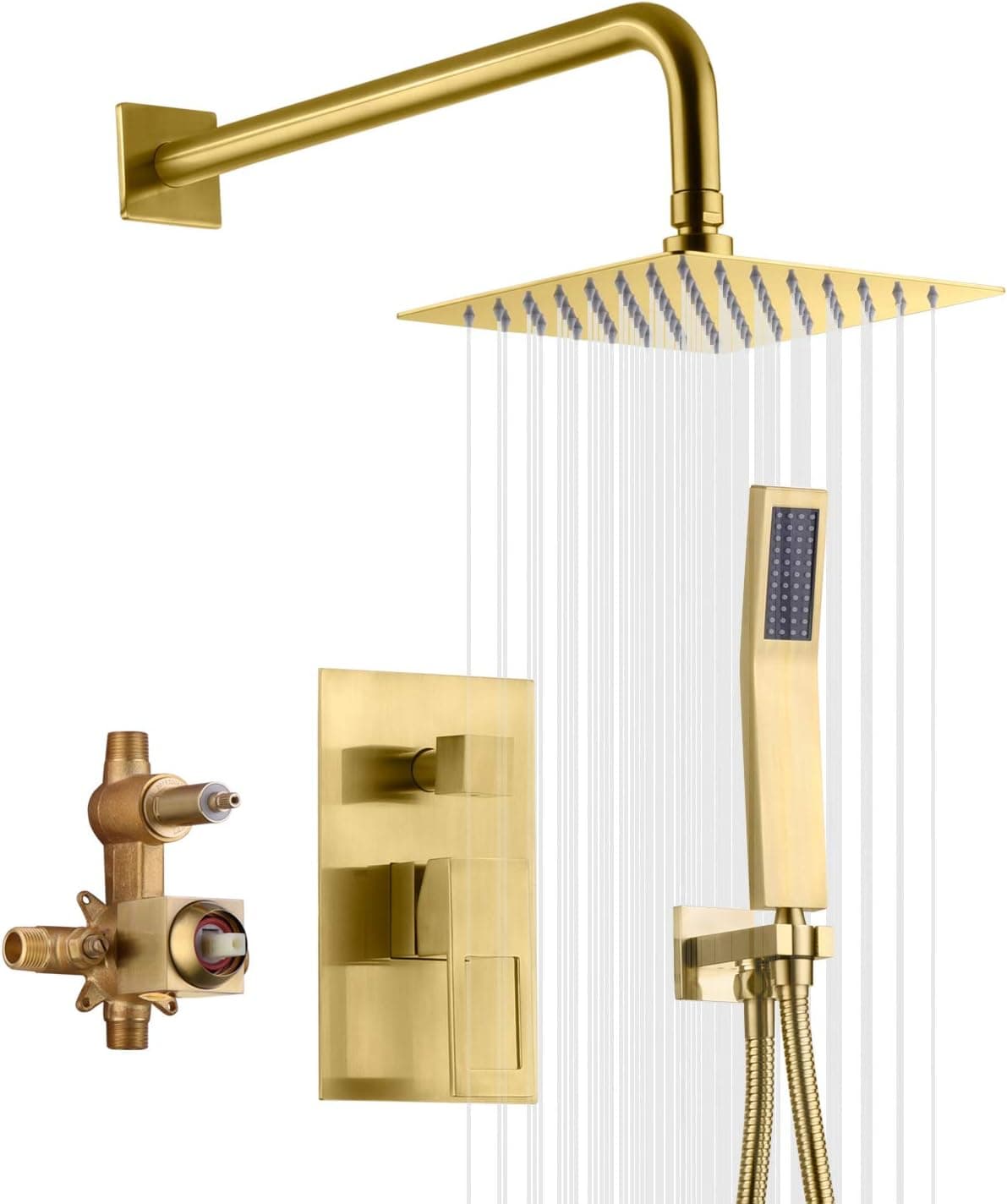sumerain Brushed Brass Shower System Pressure Balance Shower Faucet, 8 Inches Square Rain Shower Head and Hand Shower, Including Rough-In Valve