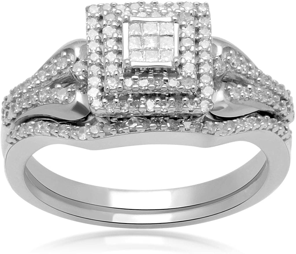 Jewelili Sterling Silver Princess-cut Diamond Bridal set, 1/3Cttw