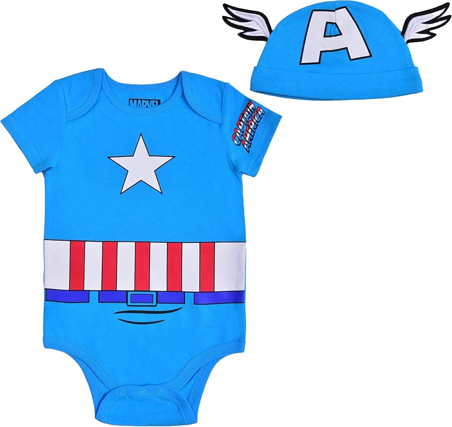 Marvel Boys’ Captain America Bodysuit and Hat Set for Newborn and Infant – Blue