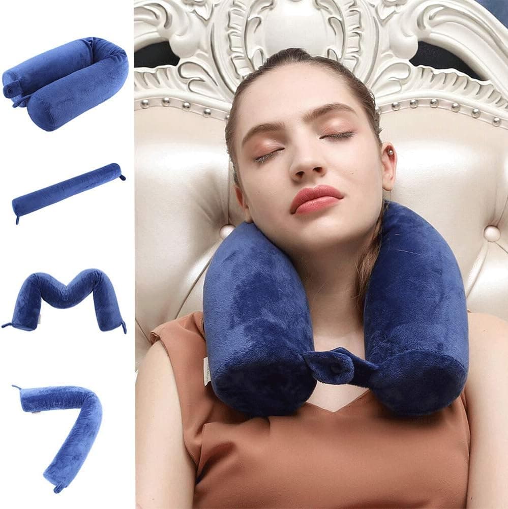 Cotton Li SA Neck Pillow for Travel Home, Portable Head Cervical Support Rest Cussion Twist Adjustable Bendable Memory Foam Roll Pillow for Flight/Road Trips, Office Nap, Camping - Blue