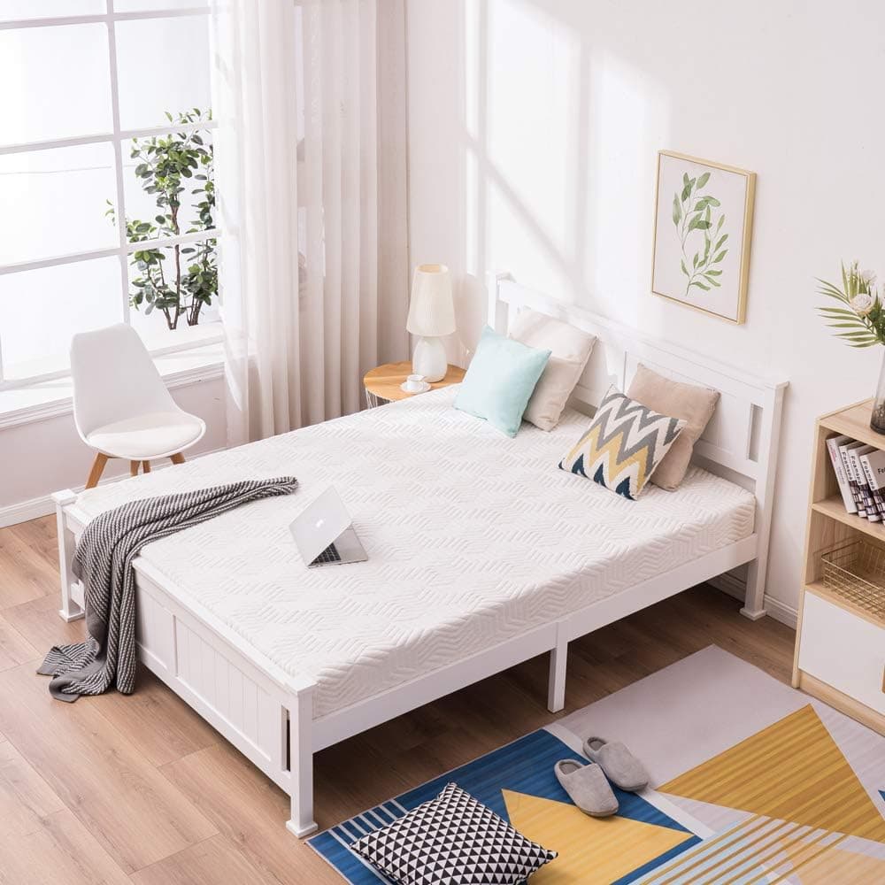 Karl home Queen Bedframe Wood Bed Frame with Headboard Wooden Platform Bed with Footboard, 12 Wood Slat Support, No Box Spring Needed, White
