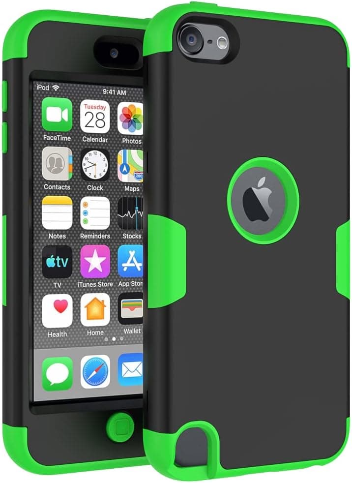 Callyue iPod Touch Case Compatible Apple iPod Touch 5th 6th & 7th Generation , PC + Silicone 2-in-1 Cover Protective Case for iPod Touch 7 / 6 / 5 - Black + Grass Green