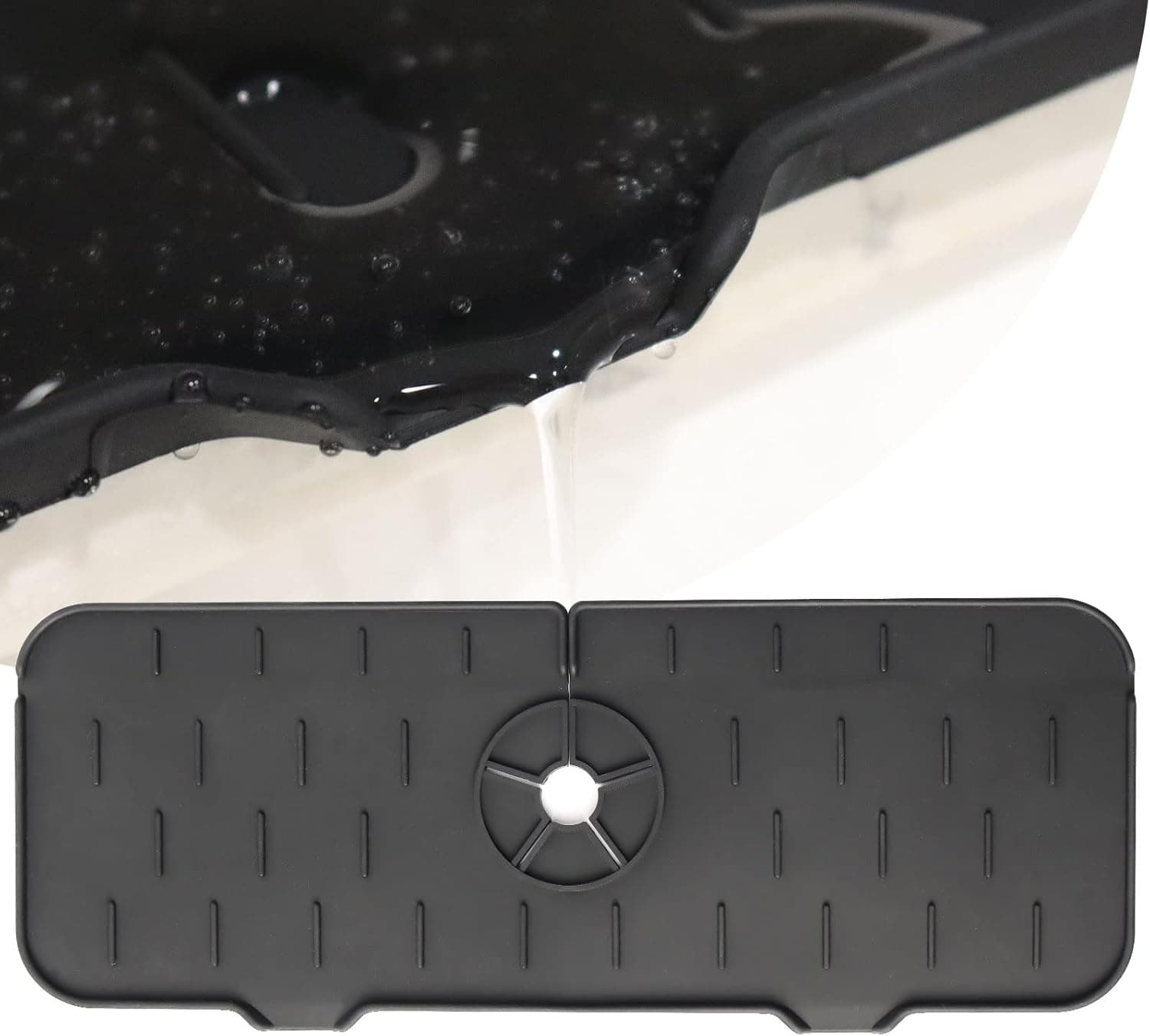 Silicone Faucet Mat For Kitchen Sink, Faucet Sink Splash Guard – Sink Draining Pad Behind Faucet, Rubber Drip Protector Splash Dish Drying for Kitchen & Bathroom Countertop Protect (Black)
