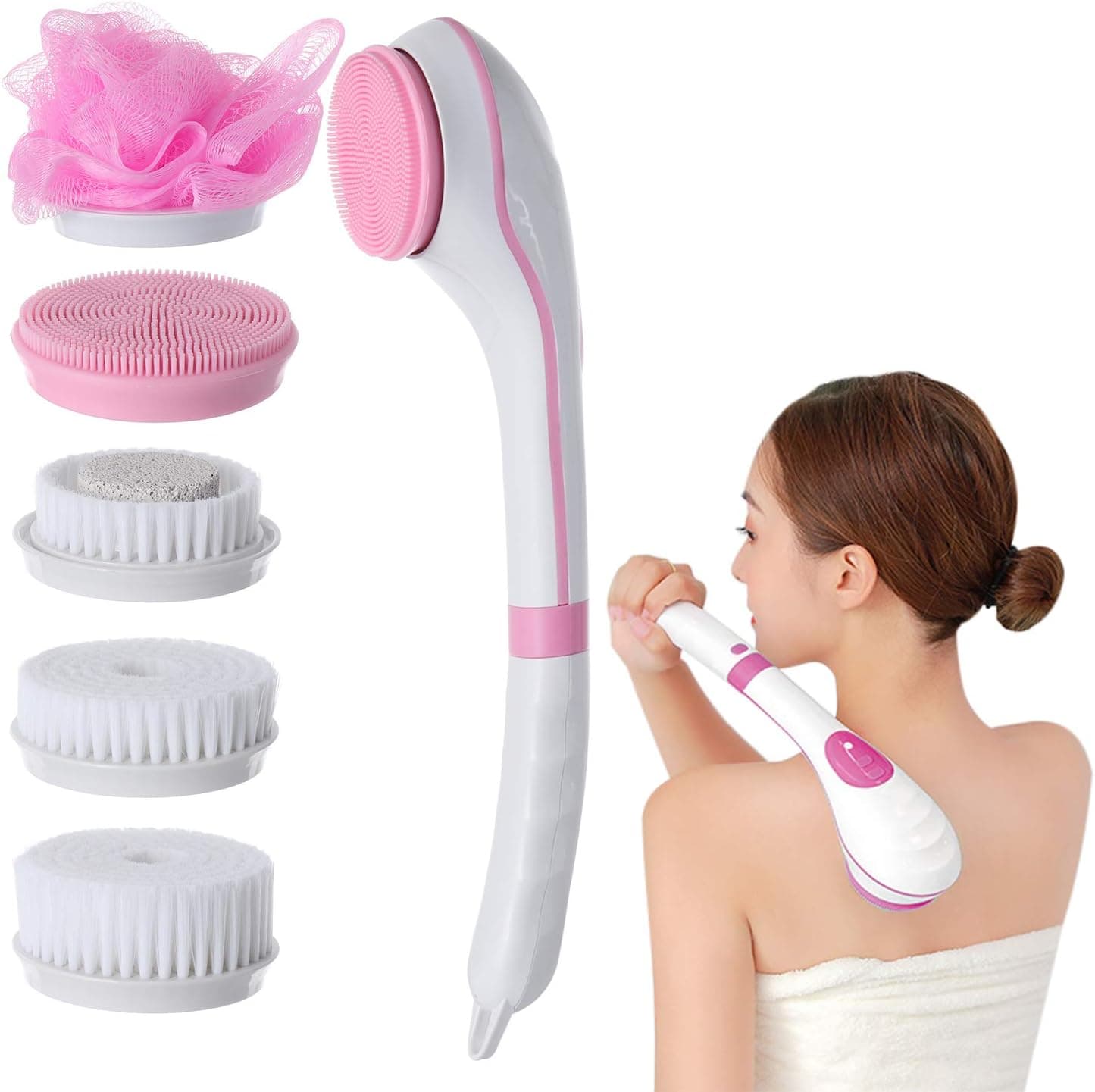 Rechargeable Rotating Brush, Electric Back Brush With Long Handle Exfoliating Products Back Scrubber for Men Women Bath Body Scrub Shower Deep Cleansing Brush (Pink)