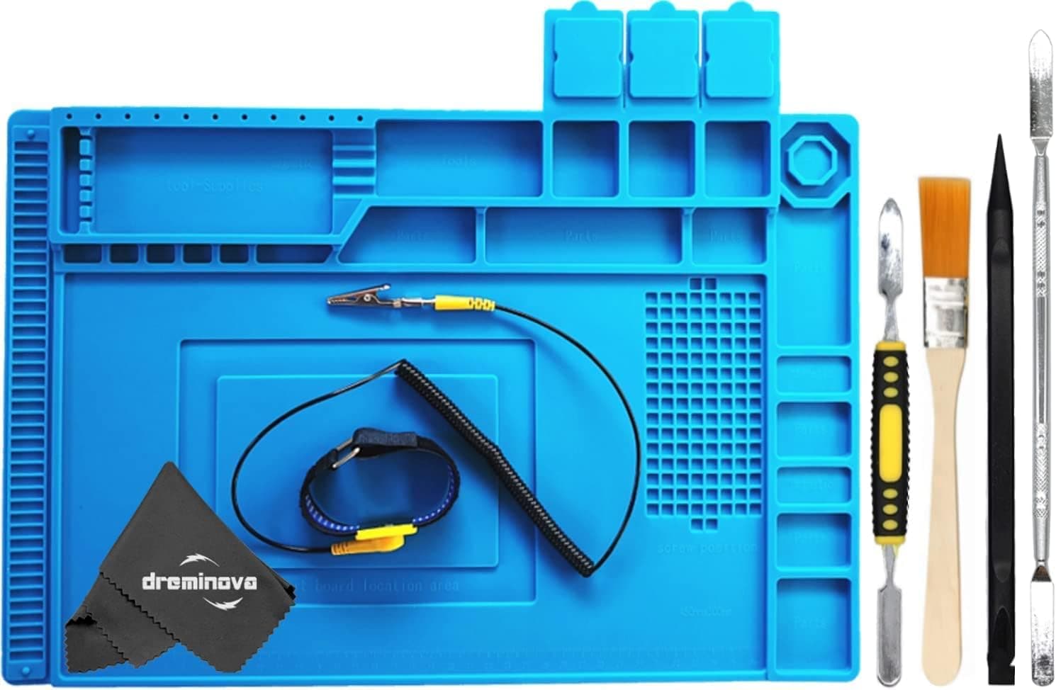 DREMINOVA Work Soldering Mat Heat Resistant with Anti-Static Wrist Strap ESD Safe Large Silicone Magnetic Pad Repair Electronics Tools for BGA Rework Solder Iron Station, Platform surface (45x30cm)