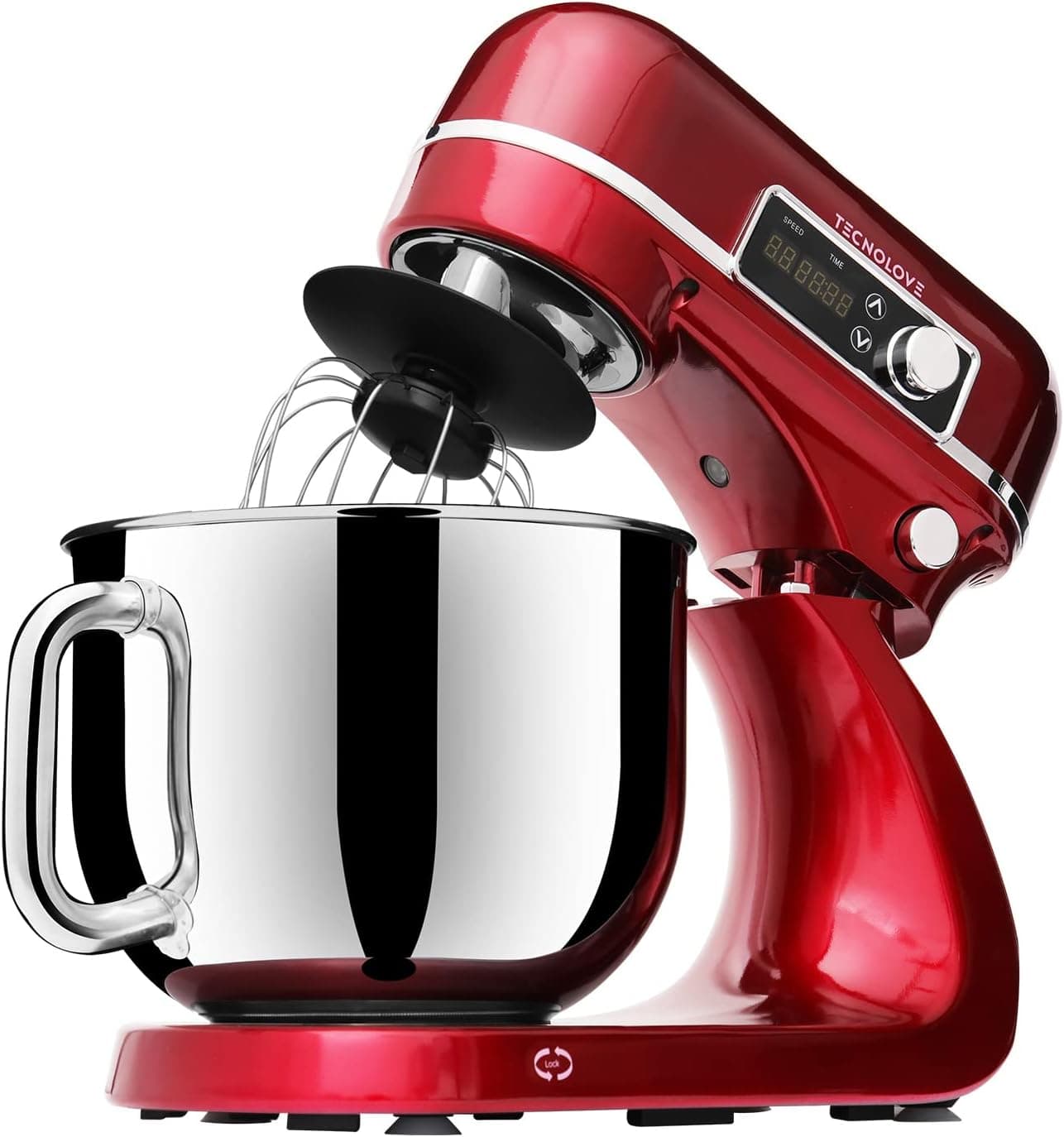 Tecnolove Stand Mixer 6.3 QT, 12 Speeds 300W DC Motor, Planetary Action, Digital Timer with Stainless Steel Mixing Bow, Dough Hook, Flat Beater, Whisk and Splash Guard (Red)