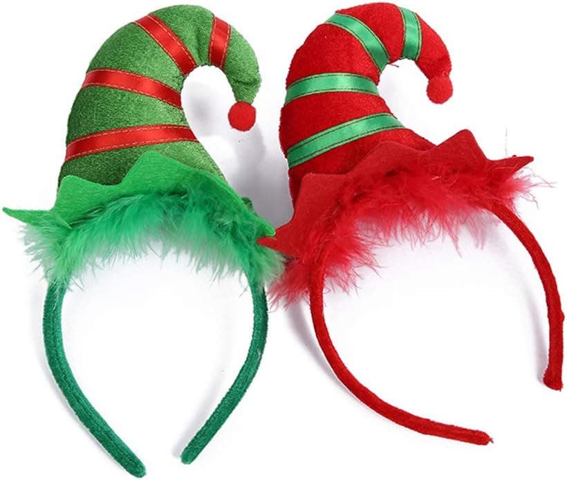 Mendom 2 Pieces Christmas Headbands,Multicolored Elf Hat Headband with 3D Hat Designs for Christmas and Holiday Parties