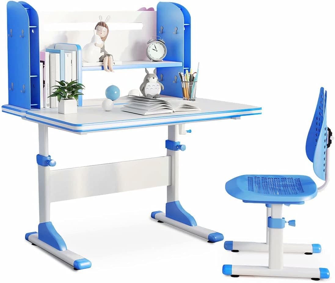 Säkee Kids Desk with Chair Set Angel and Height Adjustable Desk for Kids with Steel Structure, Multifunctional Bookshelf and Comfortable Chair(Blue)