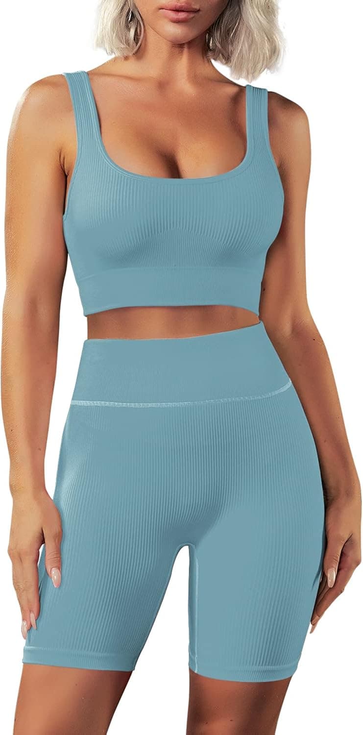 Yanekop Womens 2 Piece Ribbed Seamless Yoga Sets Crop Tank High Waist Shorts Leggings Outfits Workout