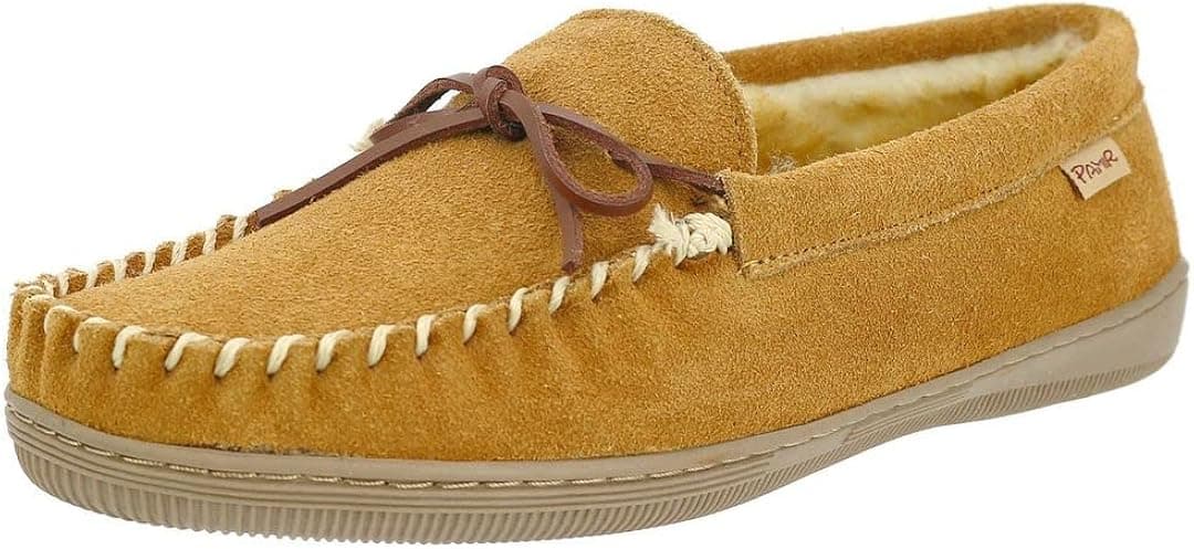 PAMIR Men's Genuine suede Faux Fur Lined Slip on Moccasin Slippers Indoor Outdoor