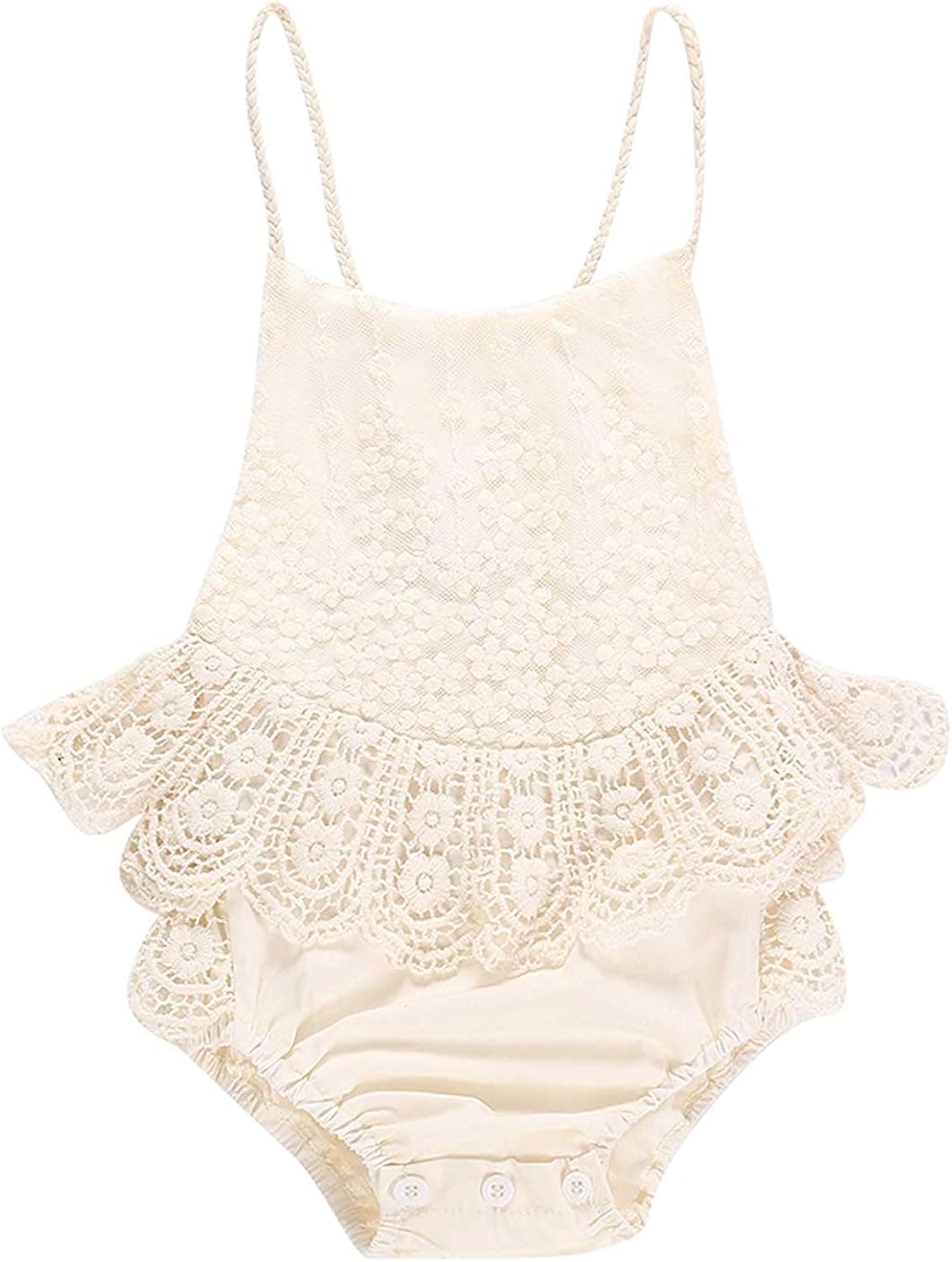 Infant Baby Girl Romper Bodysuit Jumpsuit Outfits Floral Halter Sleeveless Backless Ruffle Tulle Lace Like White Jade