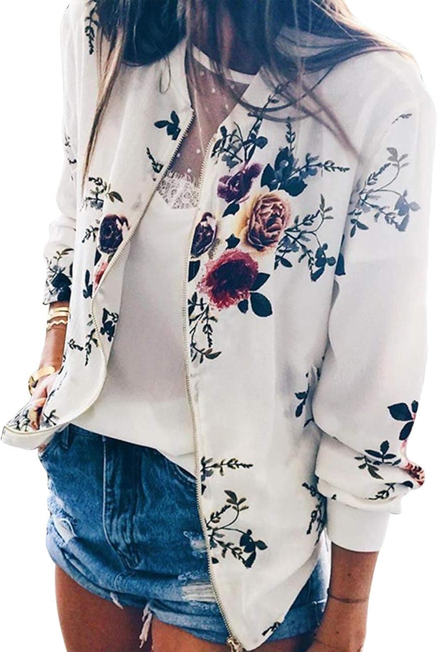 Women Retro Floral Zipper Baseball Bomber Jacket Casual Lightweight Jacket Outwear Coats For Women
