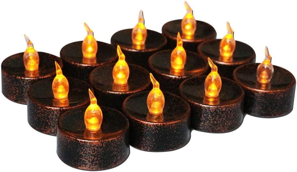 JIAN YA NA 12pcs Tea Light Halloween Christmas Thanksgiving Flameless LED Candles 1.4 Inch Flickering Amber Festival Decor Battery Operated (Black)