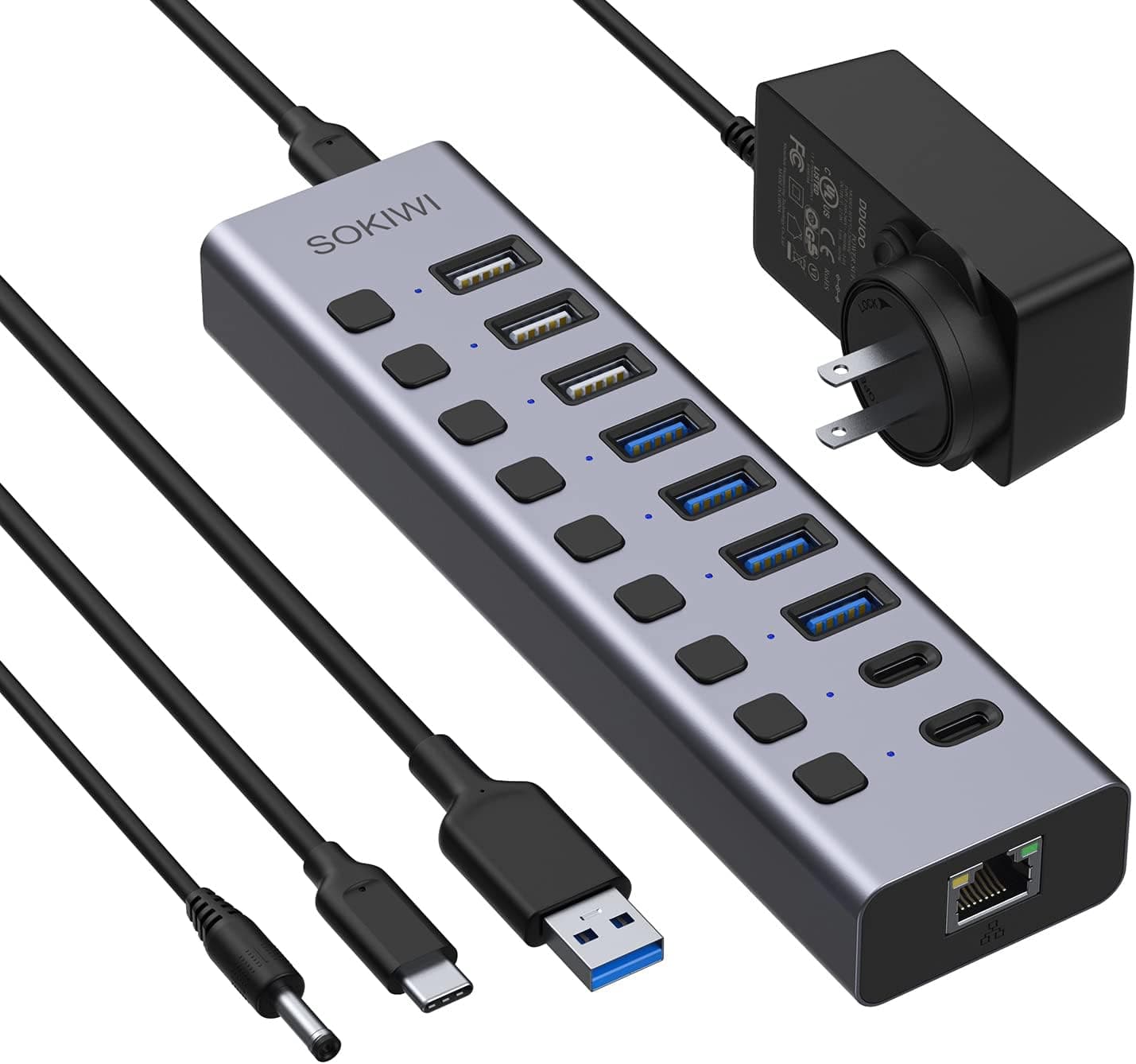 Powered USB 3.0 USB C Hub, Aluminum USB 10 Port with Ethernet, 12V/5A AC Adapter, 3 USB Charging Port, 4 USB 3.0, 2 USB C Data Port, Individual On/Off Switches