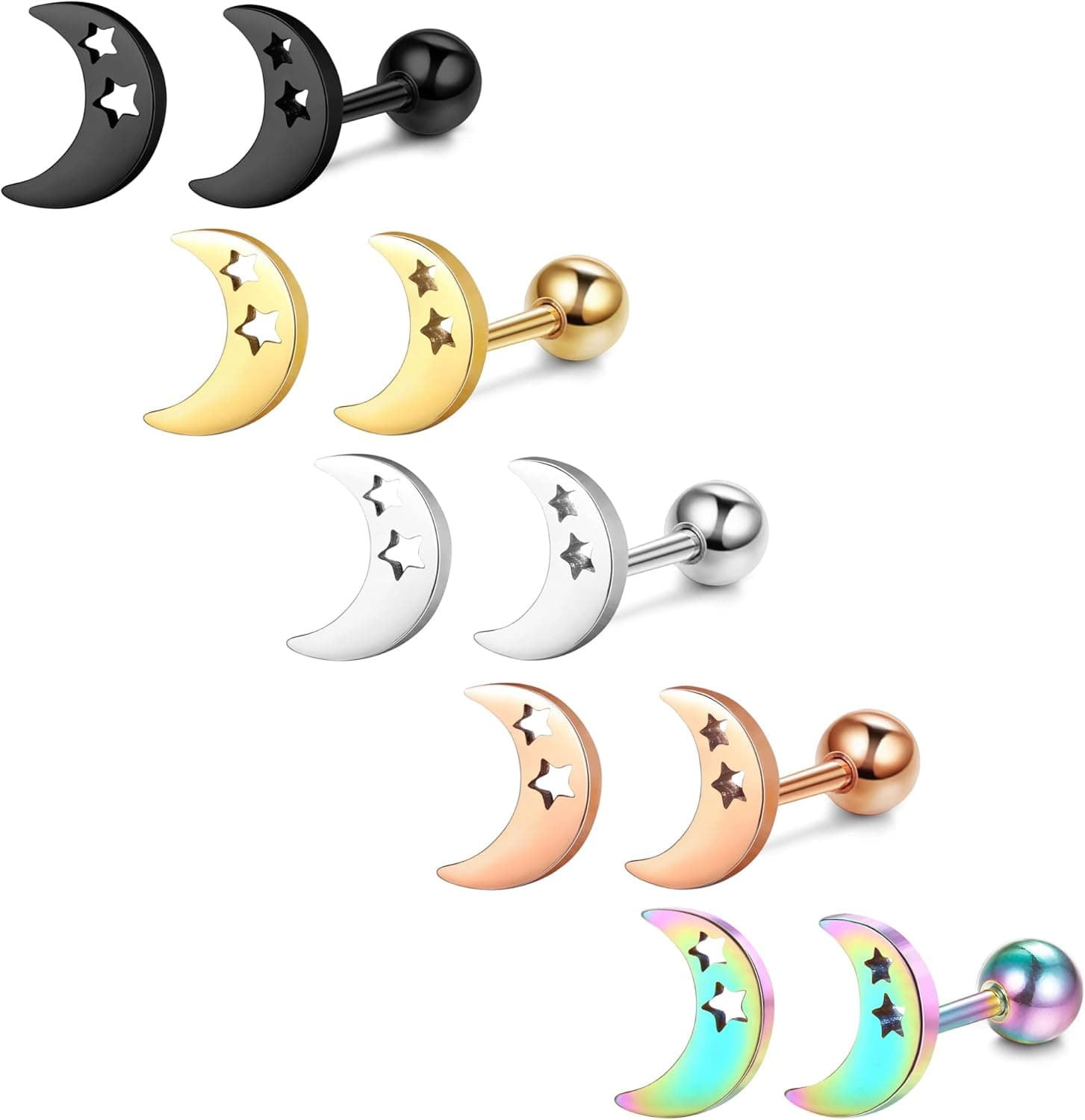 IRONBOX 5 Pairs Stud Earrings for Women Stainless Steel Moon Star Heart Earrings Cartilage Earrings Tragus Conch Helix Piercing Jewelry 18G