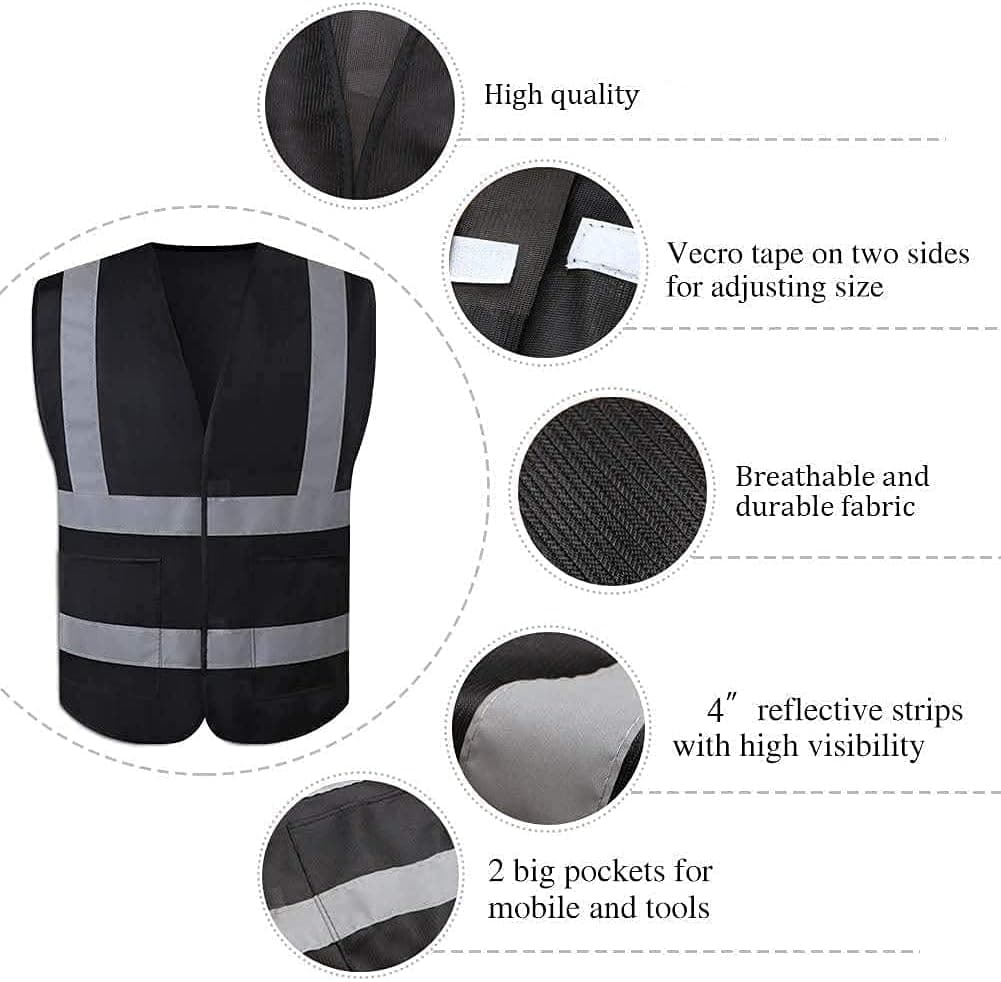 JSungo High Visibility Black Safety Vest 10 Pack, Reflective Work Vest with Hi-vis Silver Strip, Construction Vest for Men & Women, Universal Size