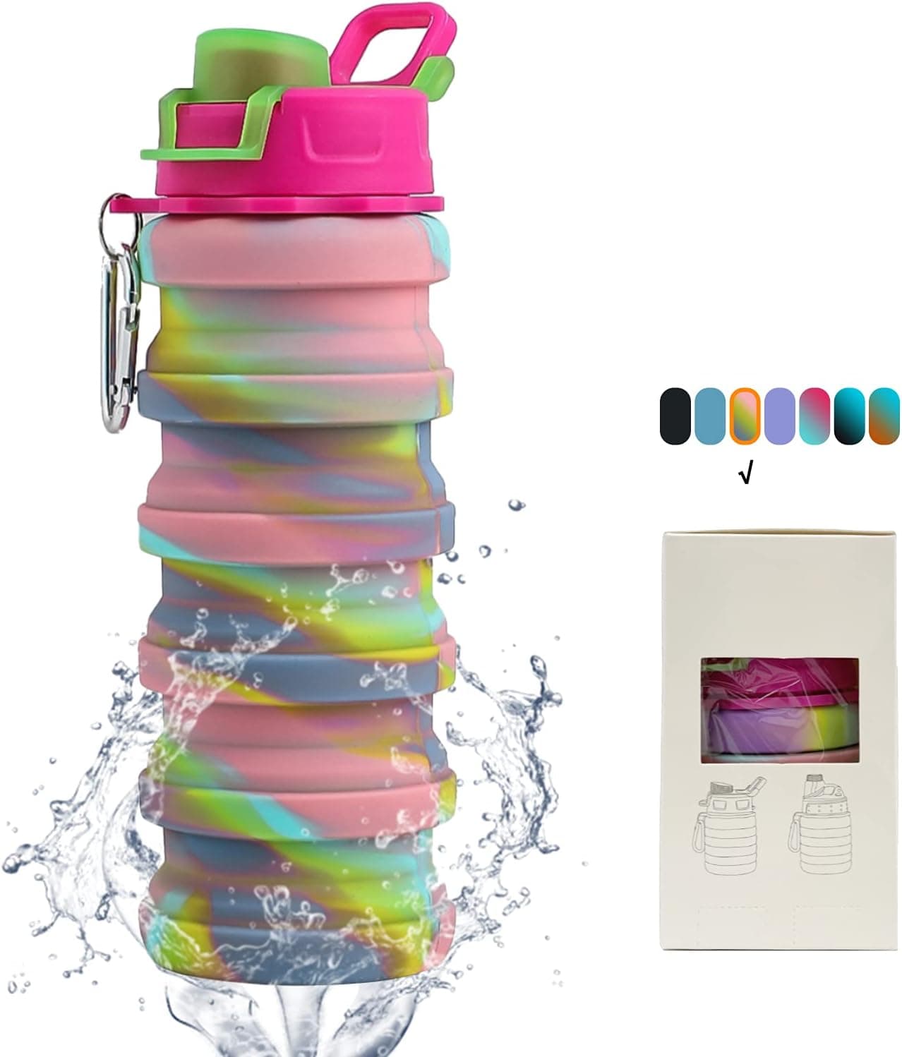 Collapsible Water Bottles - Water Cup 16oz BPA Free Silicone Foldable Water Bottles Kids - Hiking Travel Water Bottle Collapsible Cup Sports Kids Water Bottle With Carabiner - Pink Camouflage