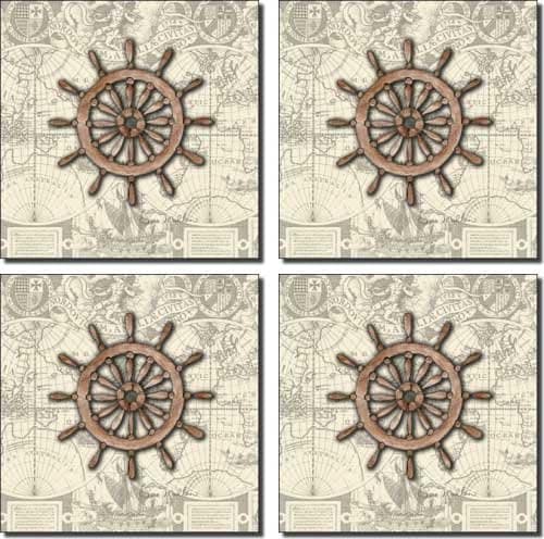 Nautical - Wheel by Sara Mullen - Ceramic Accent Tile Set 6" x 6" Kitchen Shower Backsplash