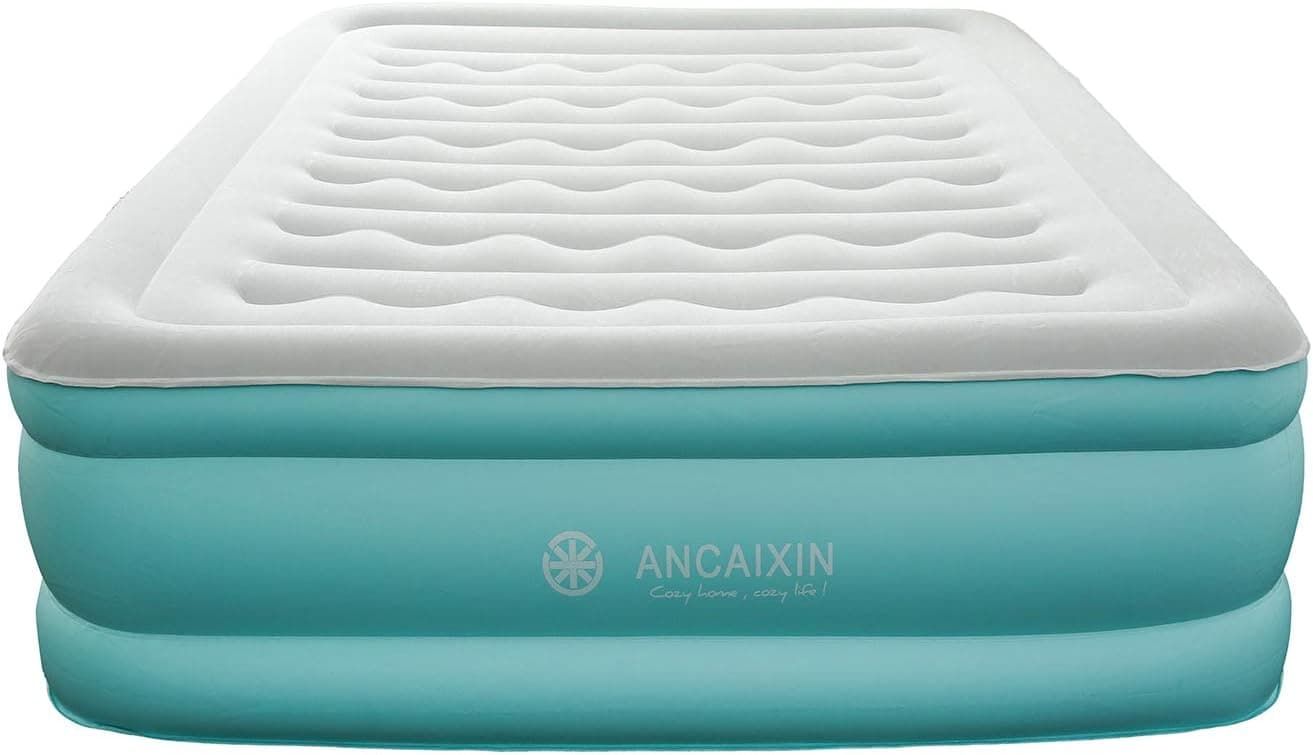 Ancaixin Updated Queen Air Mattress with Built-in Pump, Full Size Camping Airbed, Self Inflating Raised Comfort Guest Bed with Storage Bag and Repair Patches, 80 x 60 x 18 inches Aqua/Grey