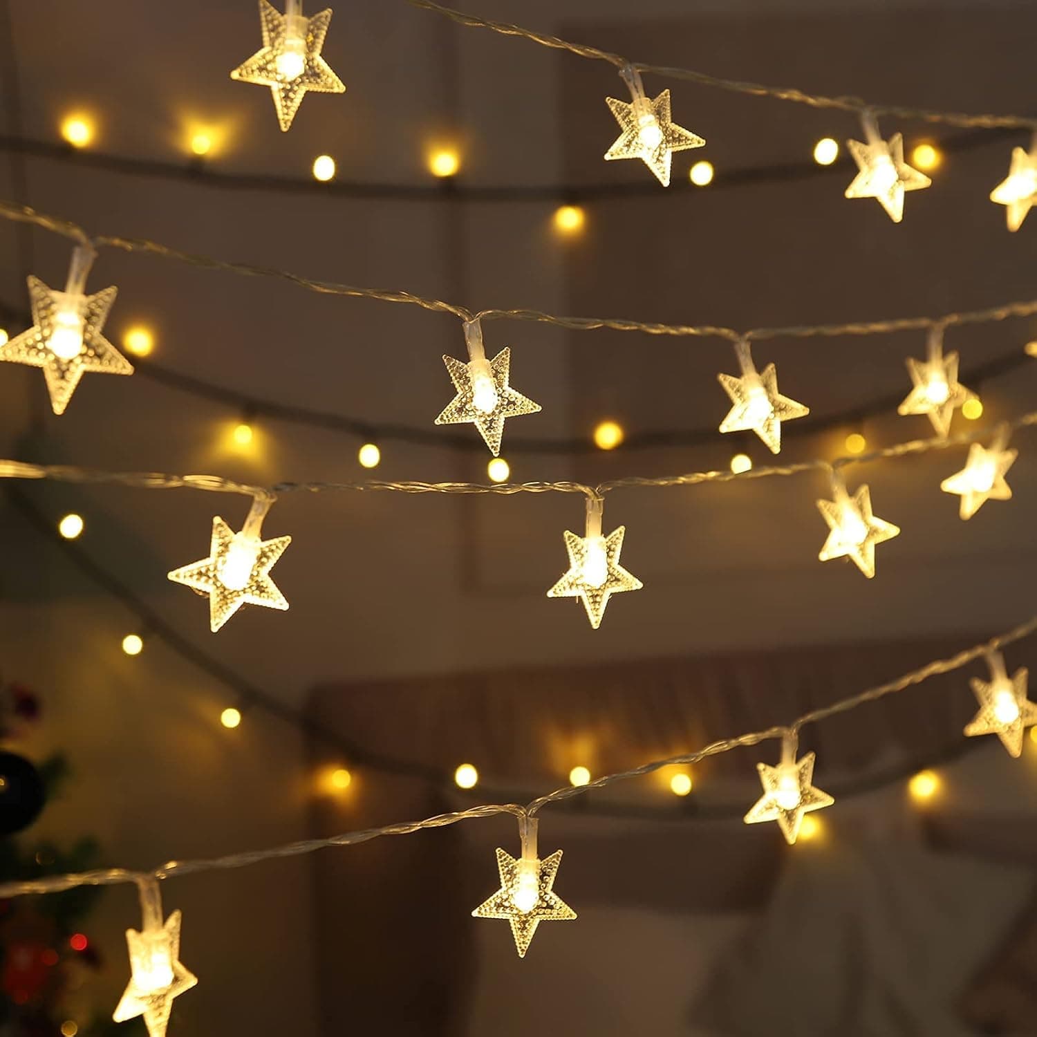 CAUINS Christmas Lights, 19.6 ft 40 LED Star String Lights Battery Operated Indoor Christmas Decorations, Waterproof Outdoor Light for Xmas Garden Patio Bedroom Party Decor Warm White