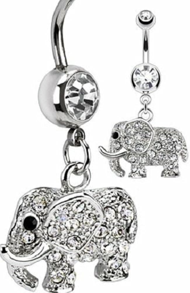 Belly Button Ring 316L Surgical Steel Multi Paved CZs Elephant Dangle Navel