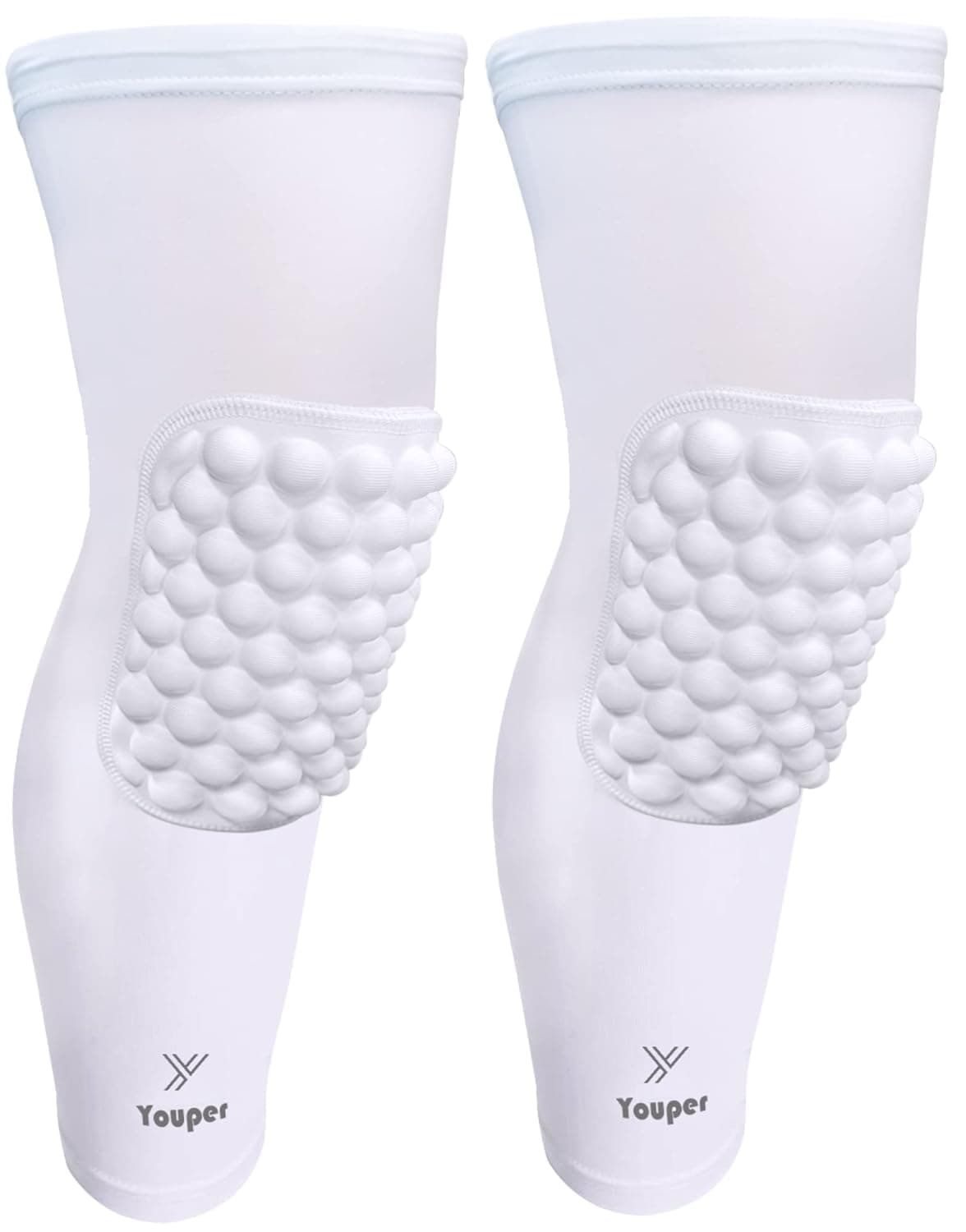 Youper Protective Knee Pads Compression Leg Sleeve for Basketball, Football, Volleyball, Youth & Adult Sizes (Large, White)