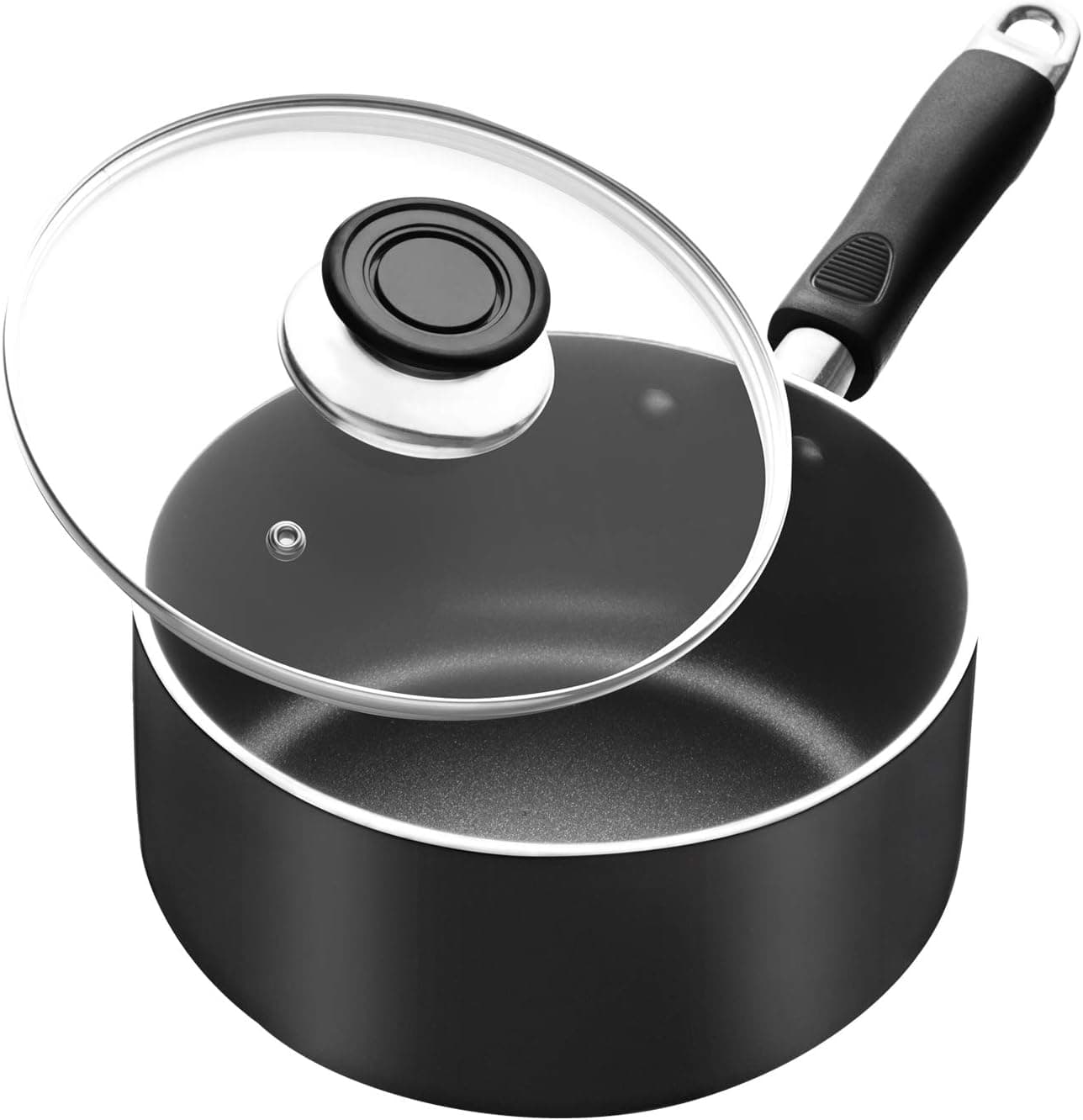 Classic Nonstick Saucepan with Straining and Glass Lid Cover, 2-Quart Aluminum Covered Sauce Pan for Home Kitchen, Dishwasher Safe Multipurpose Pot with Ergonomic Handle, Induction Compatible(2 Quart)