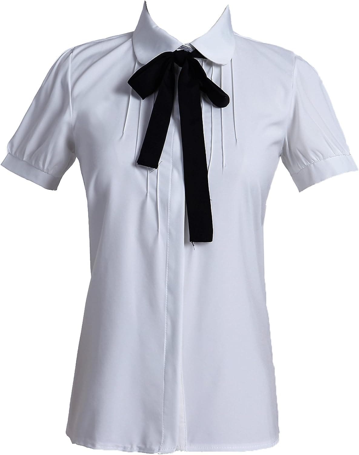 Taiduosheng Women Ivory White Bowtie Baby Collar Tops Blouses Short Sleeve OL Chiffon Button Down Shirt